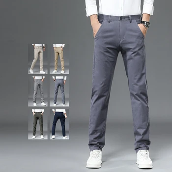 98% хлопок повседневные брюки мужские сплошной цвет бизнес мода прямой приталенный крой чиносы серые осенне-зимние брюки мужские
