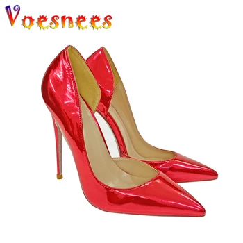 2023 Новая красная лазерная обувь на высоком каблуке большого размера остроконечная рабочая обувь для женщин 12 см французская одинарная обувь модные свадебные туфли на шпильке