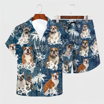 HX Бульдог Гавайи Наборы Животное Собака 3D Печатный Лацкан Рубашка Шорты Пляжный серфинг Мужчины Для Женщин Sunmmer Повседневная одежда
