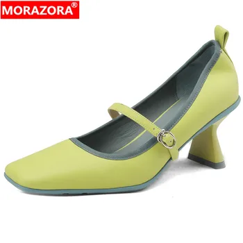 MORAZORA 2023 Новые смешанные цвета Женское платье Обувь Квадратный носок Натуральная кожа Обувь Женщина Мэри Джейнс Толстые туфли на высоком каблуке