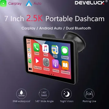 Develuck 7-дюймовый портативный автомобильный видеорегистратор Беспроводной Carplay&Android Авто Видеорегистратор 2.5K спереди и 1080P Задняя камера GPS Wi-Fi Рекордер Двойной объектив