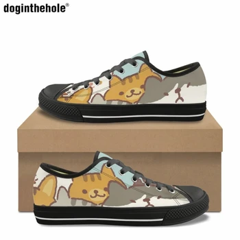 Doginthehole Модная повседневная обувь для женщин Kawaii Cartoon Kitten Print Design Обувь на плоской подошве Классические холщовые туфли на шнуровке