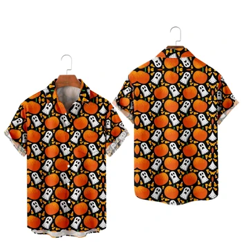 Рубашки на Хэллоуин для мужчин Тыква и призрак Рубашки с лоскутным дизайном С коротким рукавом Летние топы для пляжного отдыха Дышащий