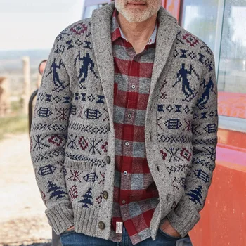 Осень и зима Новый мужской жаккардовый свитер с длинными рукавами Однобортный свитер Пальто Мода