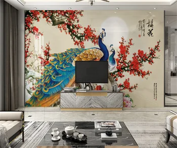 профессиональный пользовательский 3d новый китайский стиль павлин слива китайская живопись цветок и птица иллюстрация фон обои фреска