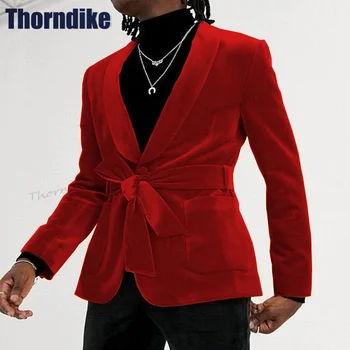 Thorndike Высококачественный бархатный мужской костюм Комплект с поясом 2 шт. Зимняя мужская одежда Повседневные костюмы Hommes Свадьба Жених Смокинг