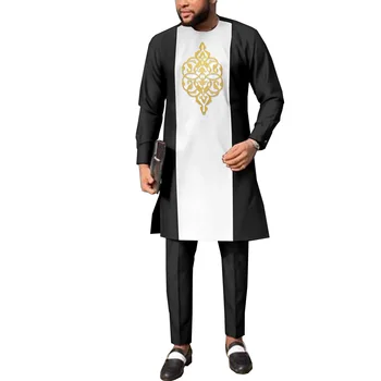SEA&ALP Мужской африканский набор из 2 предметов Металлический традиционный костюм Золотой штамп Африканская рубашка дашики и брюки Наряд