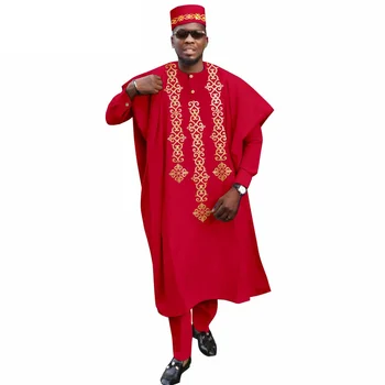 Африканская одежда для мужчин Традиция Свадебная вечеринка Одежда Базин Халат Вышивка Анкара Брюки Шляпы 4 шт. Набор Dashiki Нигерия