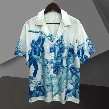 Абстрактное искусство Портрет Узор Принт Рубашка С коротким рукавом Повседневная мужская рубашка Уличная одежда Лето Camisa Masculina Рубашка Moda Hombre