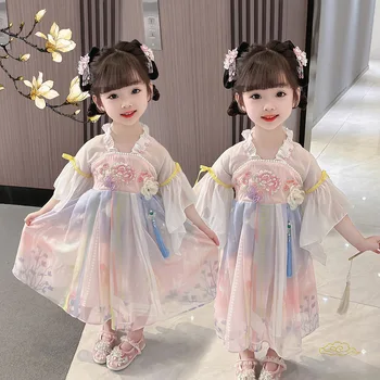 Китайский стиль Девушки Мода Удобные платья с цветочной вышивкой Древняя фея Одежда Дети Ханьфу Костюм