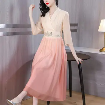 Новый китайский стиль Тан Улучшенное платье Ханьфу Qipao 2023 Летняя вышивка Ретро Женская одежда Мода Тонкая элегантная одежда Z1743