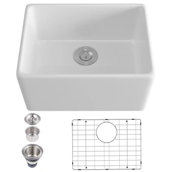 Керамический белый прямоугольный 25 дюймов Д x 20 дюймов W Кухонная раковина в фермерском доме Раковина для ванной комнаты с решеткой и сетчатым фильтром