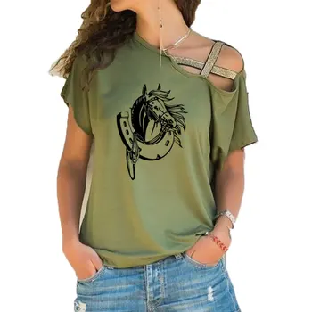 2020 Новая крутая лошадь Печатные женские футболки Повседневная футболка с искусством животных Лето с коротким рукавом Нерегулярный перекос Крест Бандажные топы