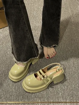 Комфортная обувь для женщин 2023 Сандалии Med Mary Jane Сабо с каблуком Костюм Женский Бежевый Новый Средний Лето Мода Толстый Высокий Черный