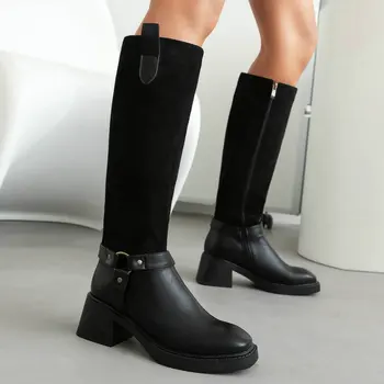 Knee High Boots Женские черные 90-е Коренастый каблук Коричневая зимняя теплая обувь для женщин Ремень Botas Mujer