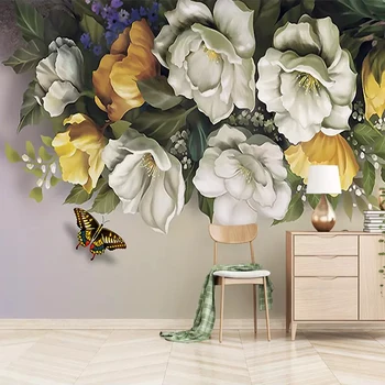 Пользовательские 3D обои Романтические цветы Бабочка Фотообои Бумага для гостиной Спальня ТВ Настенная живопись Виниловое украшение дома
