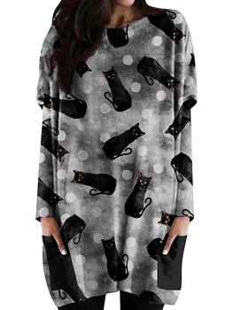 Женская ночная рубашка на Хэллоуин Пижамы Длинный рукав Круглый вырез Передний карман Платье для сна Ночная рубашка
