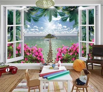 beibehang Пользовательские обои 3D фотообои окно кокосовая пальма морской пейзаж красный цветок каменная дорожка остров обои домашний декор обои