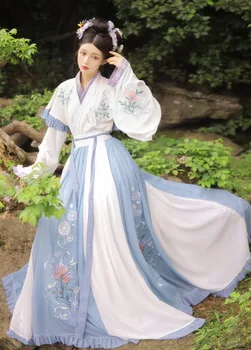 Ханьфу женщины китайский стиль вышитый до талии поперечный воротник нижняя юбка осень и зима полный комплект рваной юбки с большими