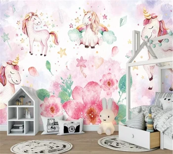 wellyu Пользовательские обои Современный розовый единорог цветок детский комната фон стена papel de parede обои для детской комнаты