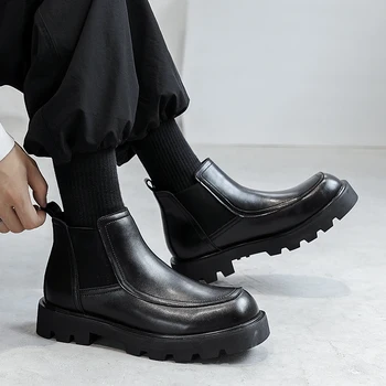 мужчины челси сапоги черный тренд туфли с квадратным носком вечеринка банкетное платье ковбой ботинки из натуральной кожи платформа лодыжки botas masculinas