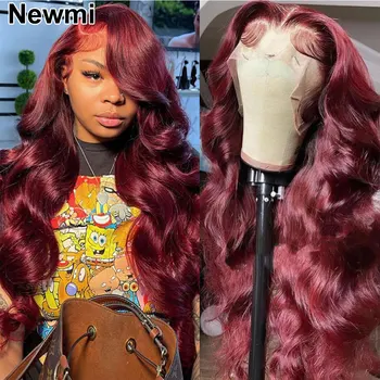 Body Wave 99j Бордово-красный кружевной спереди парик из натуральных волос Винно-красный 13x4 13x6 Кружевные фронтальные парики для женщин 180% плотности Clolored Wig