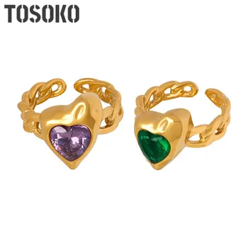 TOSOKO Ювелирные изделия из нержавеющей стали Фиолетово-зеленое тисненое кольцо в форме сердца для женского хип-хопа Sweet Ring BSA464