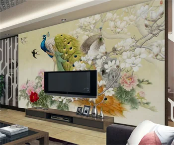 Юго-Восточная Азия павлин цветок птица пион пион телевизор диван фон настенные наклейки на заказ 3D любого размера обои фреска фото фото папье