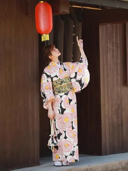 Новое черно-розовое японское кимоно с сумочкой симпатичная девушка японское улучшенное кимоно юката полиэстер