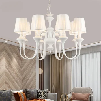 Современная простая люстра 6 ламп 8-световая белая металлическая лампа E14 Свеча Люстра с тканевым абажуром для обеденного стола в гостиной