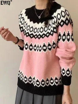 [EWQ] Пуловер в японском стиле с O Neck Геометрический свободный свитер Винтаж Утолщенный Все Матчевые Трикотажные Женщины 2024 Весна Осень 16U7633