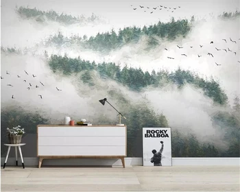 Пользовательские 3d обои Ручная роспись сосновый лес облака птицы туман фон стены украшения дома фон 3d обои
