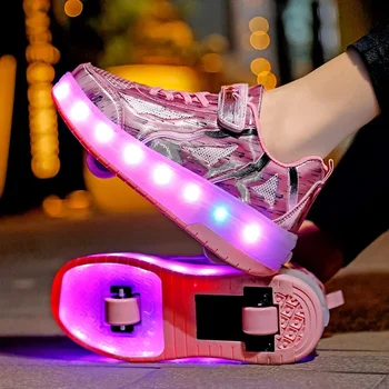  Новый горячий стиль Дети LED USB Зарядка Роликовые Коньки Обувь Девочки Мальчики Светящиеся Подсветка Дети Светящиеся Кроссовки С Двумя Колесами