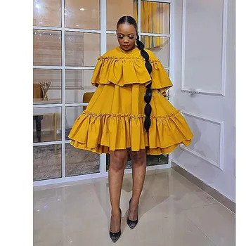 Африка Одежда Дашики Большие размеры Желтый О-образный вырез Оборки Мини-африканские платья для женщин Vestidos Sweet Girl 2023 Новинка