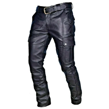 Мужчины Punk PU кожаные брюки-карандаш Узкие мотоциклетные брюки Сплошной цвет Большие размеры Мужские блестящие брюки-карандаш Эластичные брюки 2021