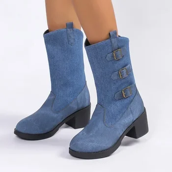 Женская обувь в продаже 2023 осень-зима Новые синие джинсовые женские сапоги удобные женские сапоги на толстом каблуке Женские сапоги до середины икры Botas De Mujer