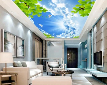 Beibehang 3D обои голубое небо белые облака зеленые листья голуби зенит фреска гостиная спальня зенит обои фотообои фото