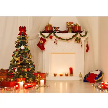 Рождественская елка Подарки Белый камин Фотография Фон Виниловая студия Вечеринка Фон для маленьких детей Реквизит для фотосессии
