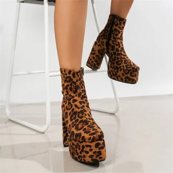 Модные сапоги большого размера для женщин осенью и зимой, новые модные высокие каблуки в европейском и американском стиле с леопардовым принтом