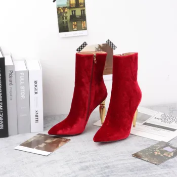 Deluxe Дизайнерские женские зимние сапоги на высоком каблуке 2024 Мода Заостренный носок Боковая молния Черный Красный Ботильоны Сексуальные