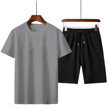 Мужской летний костюм Однотонная модная футболка с коротким рукавом + шорты Удобная дышащая мужская спортивная одежда для тренировок из 2 предметов