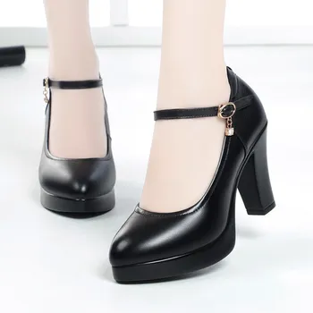 Туфли на платформе высокого каблука женские 2023 весна новая модная пряжка твердая черная обувь женская водонепроницаемая обувь из искусственной кожи femme