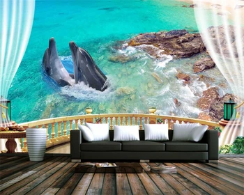 beibehang обои для украшения дома европейский балкон вид на море морской дельфин камень телевизор диван фон фотообои панно 3d обои