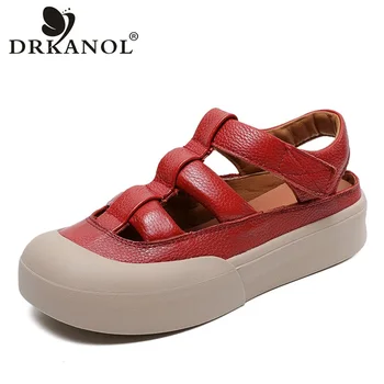 DRKANOL 2023 Женская летняя обувь Качественная натуральная кожа с круглым носком Полая дышащая обувь на плоской платформе Женские сандалии на плоской подошве Красный