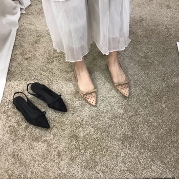 Сандалии Женщины Плоские Baotou 2022 Сетчатые дышащие сандалии с бантом Мода Лето Низкие каблуки Остроконечная обувь Женская Chaussure Femme