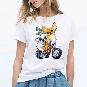Чихуахуа верхом на мотоцикле забавные футболки с принтом, женщины, белая, винтажная футболка, женская эстетическая одежда, любитель собак, летний топ