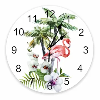  Фламинго Цветок Дерево Акварель Декоративные Круглые Настенные Часы Индивидуальный Дизайн Нетикающие Тихие Спальни Большие Настенные Часы