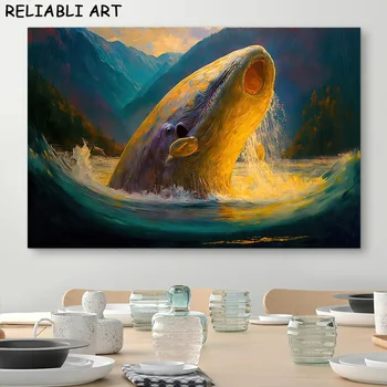  Винтажная картина маслом Морской кит Животный плакат и принты, напечатанные на холсте, настенные художественные картины для гостиной, домашний декор без рамки