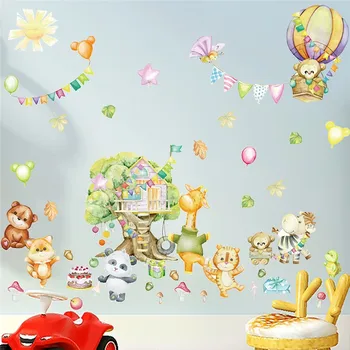  Милые животные с воздушными шарами Наклейки на стену для детской комнаты Украшение дома Тигр Панда Медведь Наклейки Сделай Сам Сафари Муралы Искусство ПВХ Плакат