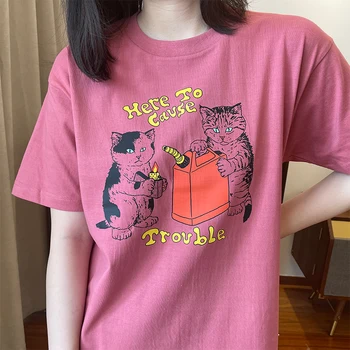 Здесь, чтобы вызвать неприятности Забавные кошки с печатью Kpop Футболки Женские футболки с коротким рукавом Свободные хлопковые футболки с графикой 2022 Летние повседневные рубашки